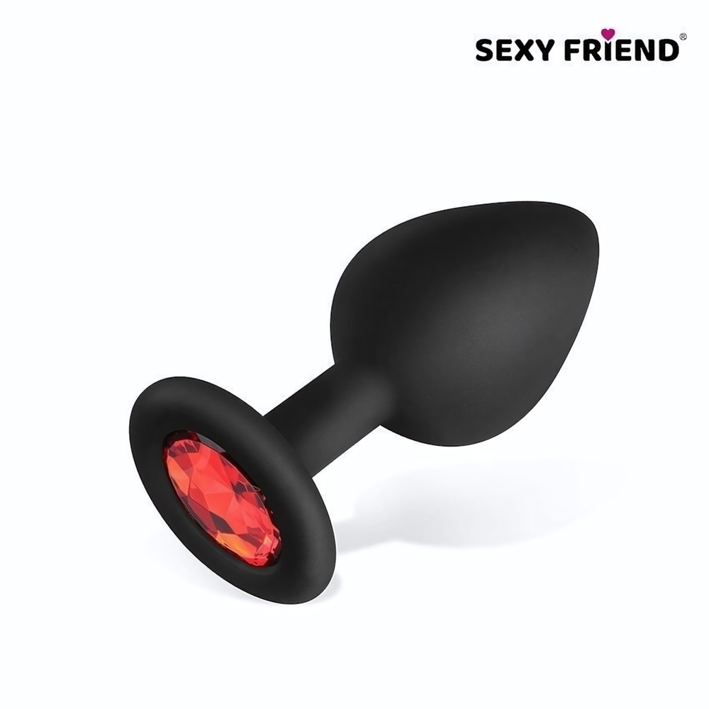 Черная силиконовая анальная втулка с красным кристаллом - 8 см. (Цвет: красный)