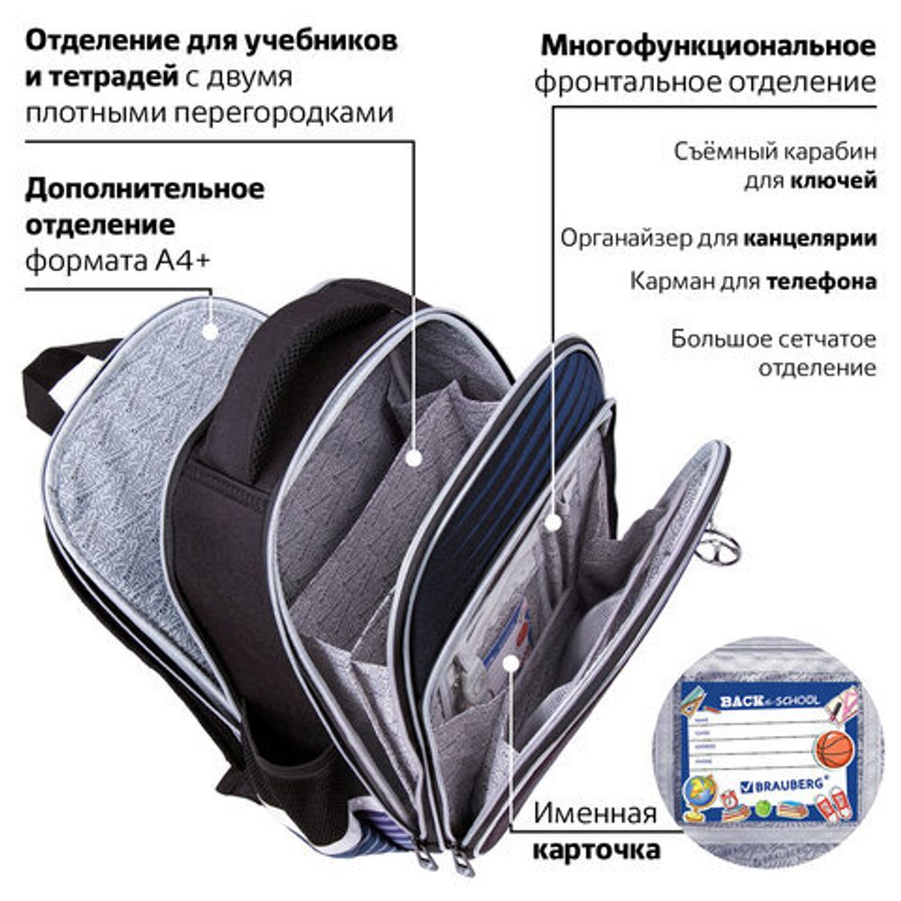 Ранец BRAUBERG QUADRO, 3 отделения, с брелоком, "Sport car", LED-ЛАМПОЧКИ, 37х28х18 см, 271359