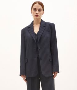 Пиджак прямой синий в полоску из вискозы оверсайз