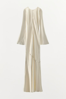 ZARA ПЛАТЬЕ ИЗ 100% ШЕЛКА СО СБОРКАМИ, ЖЕЛТОВАТО-БЕЛЫЙ