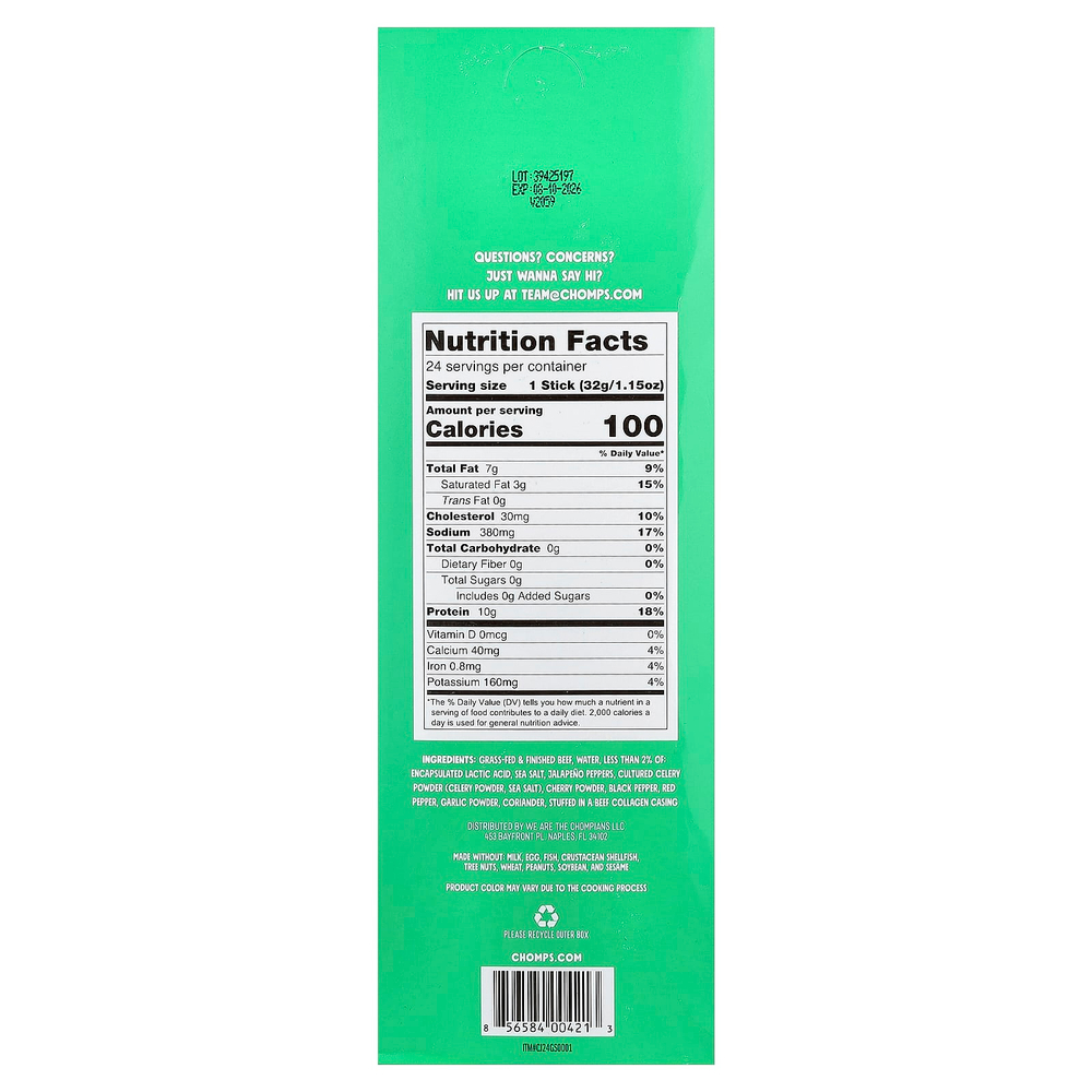 Chomps, Jalapeño Beef Sticks, Medium, 24 Sticks, 1.15 oz (32 g) Each