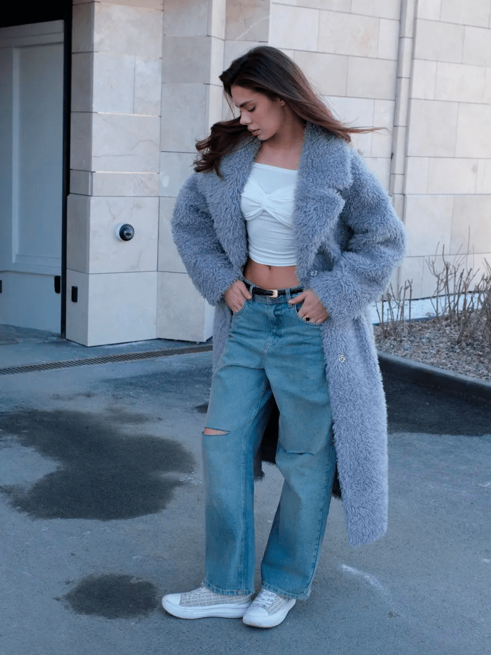 Шуба из шерсти мериноса, стальная, SilverFox