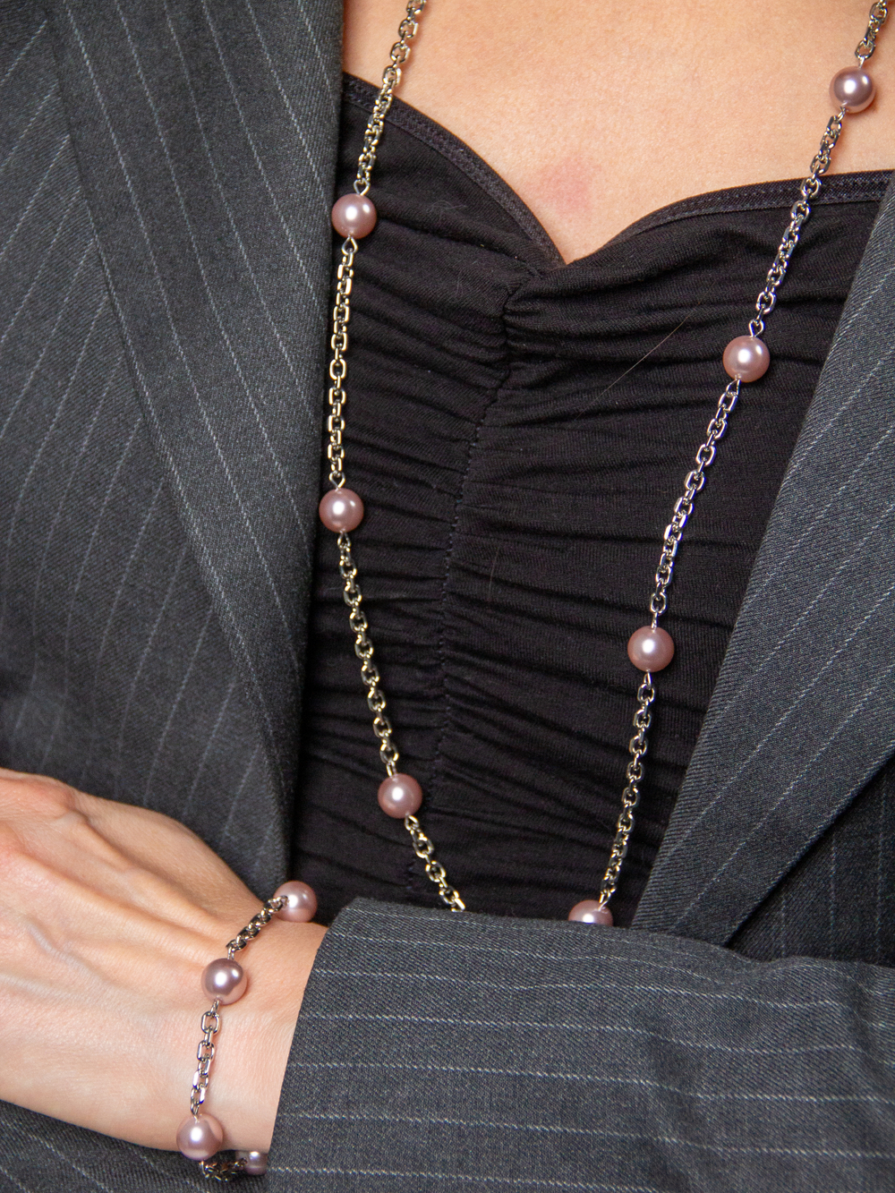 Браслет "Бланш" из жемчуга розовый щербет на серебряной цепочке