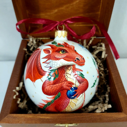 Коллекционный елочный шар с росписью Палех "Дракон" в деревянной шкатулке