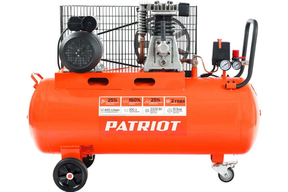 Компрессор Patriot поршневой ременной PTR 100-440I, 440 л/мин, 10 бар, 2200 Вт, 100 л, быстросъемный 1/4" + "елочка"