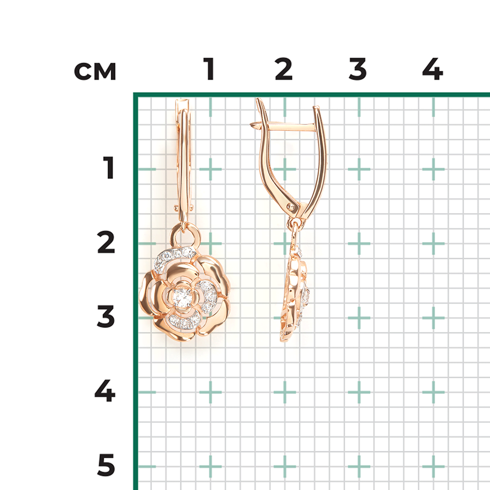 Серьги «Камелии» с английским замком из красного золота с фианитами