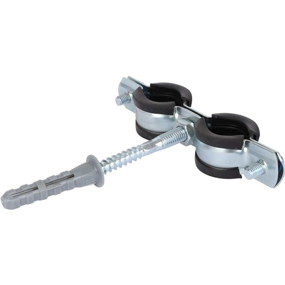 Хомут для труб двухвинтовой сдвоенный STOUT - 1/2" (20-24 мм, с шпилькой и дюбелем)