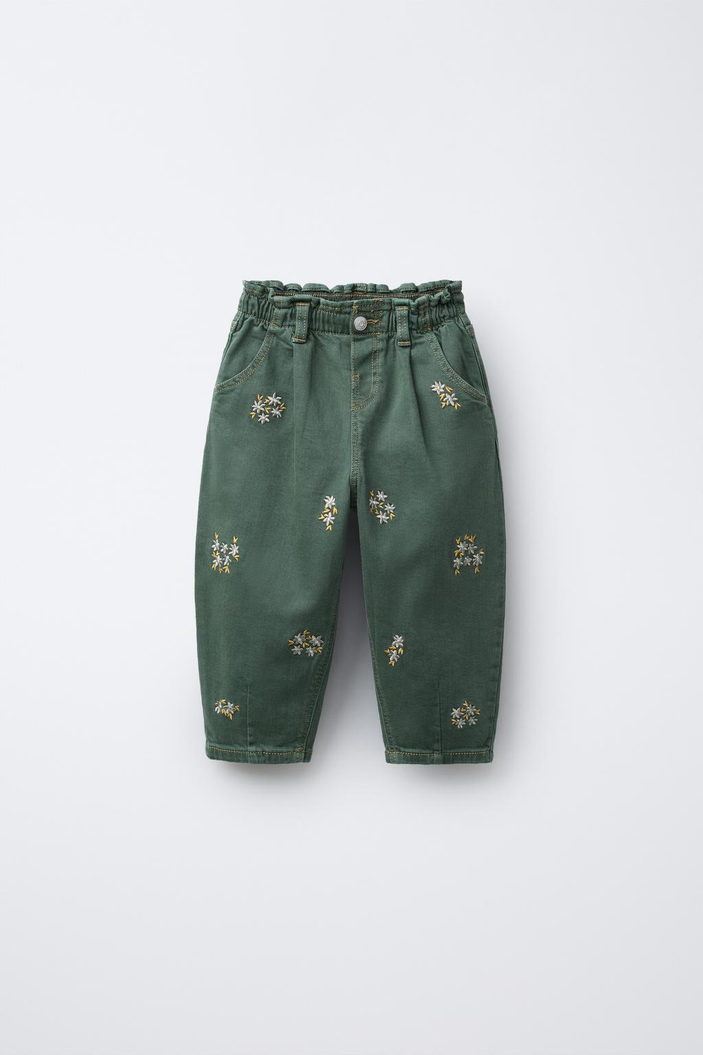 ZARA БРЮКИ BAGGY ИЗ САРЖИ С ВЫШИВКОЙ В ВИДЕ ЦВЕТОВ, ЗЕЛЕНЫЙ