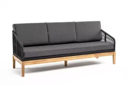 "Канны" диван 3-местный плетеный из роупа, основание дуб, роуп темно-серый круглый, ткань темно-серая 027