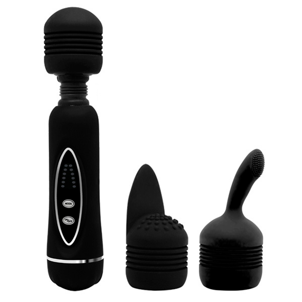 Черный вибромассажер 20,5см со сменными насадками Baile Power Wand BW-055002A