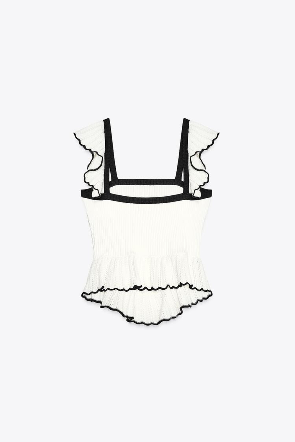 ZARA ТОП С КОНТРАСТНЫМИ ВОЛАНАМИ, БЕЛЫЙ/ЧЕРНЫЙ