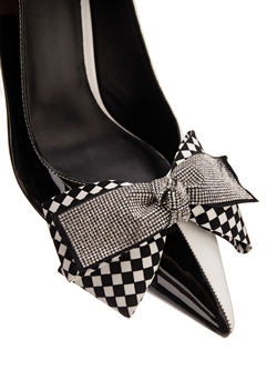 Женские туфли кожаные черно-белые с бантом у носка