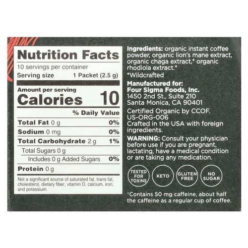 Four Sigmatic, Think, растворимый органический кофе с ежовиком гребенчатым и грибами чага, средней обжарки, 10 пакетиков по 2,5 г (0,09 унции)