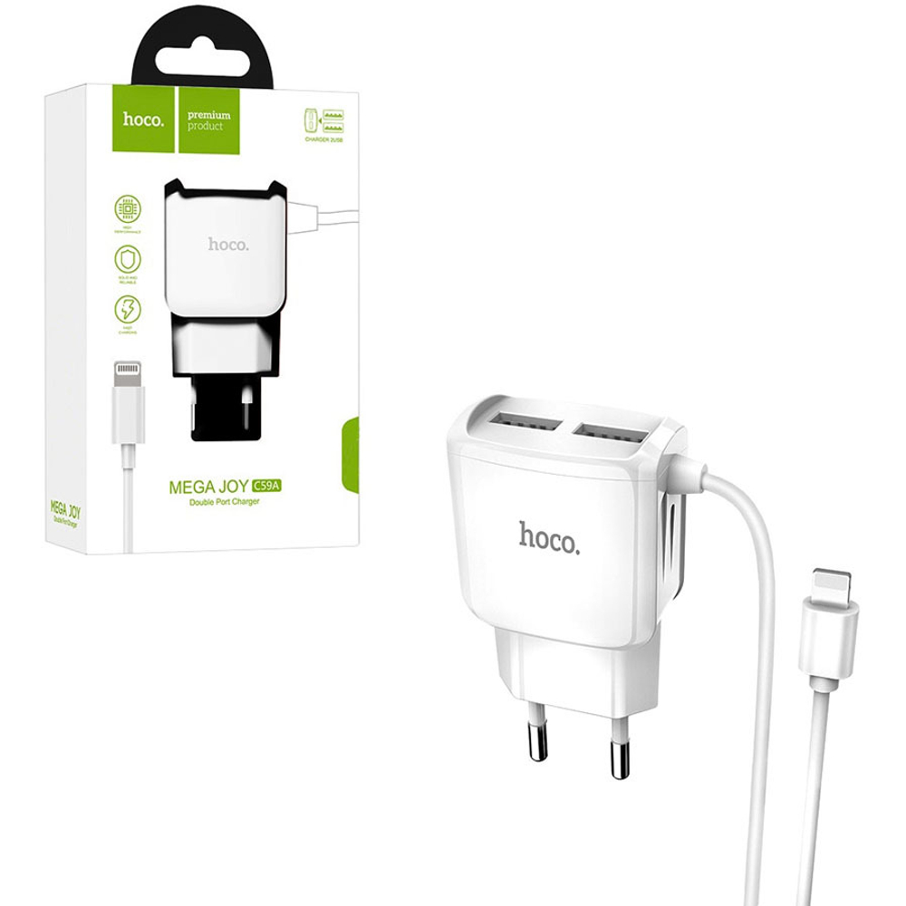 Сетевое зарядное устройство USB Hoco C59A (2A, 2 порта, кабель Lightning) Белый