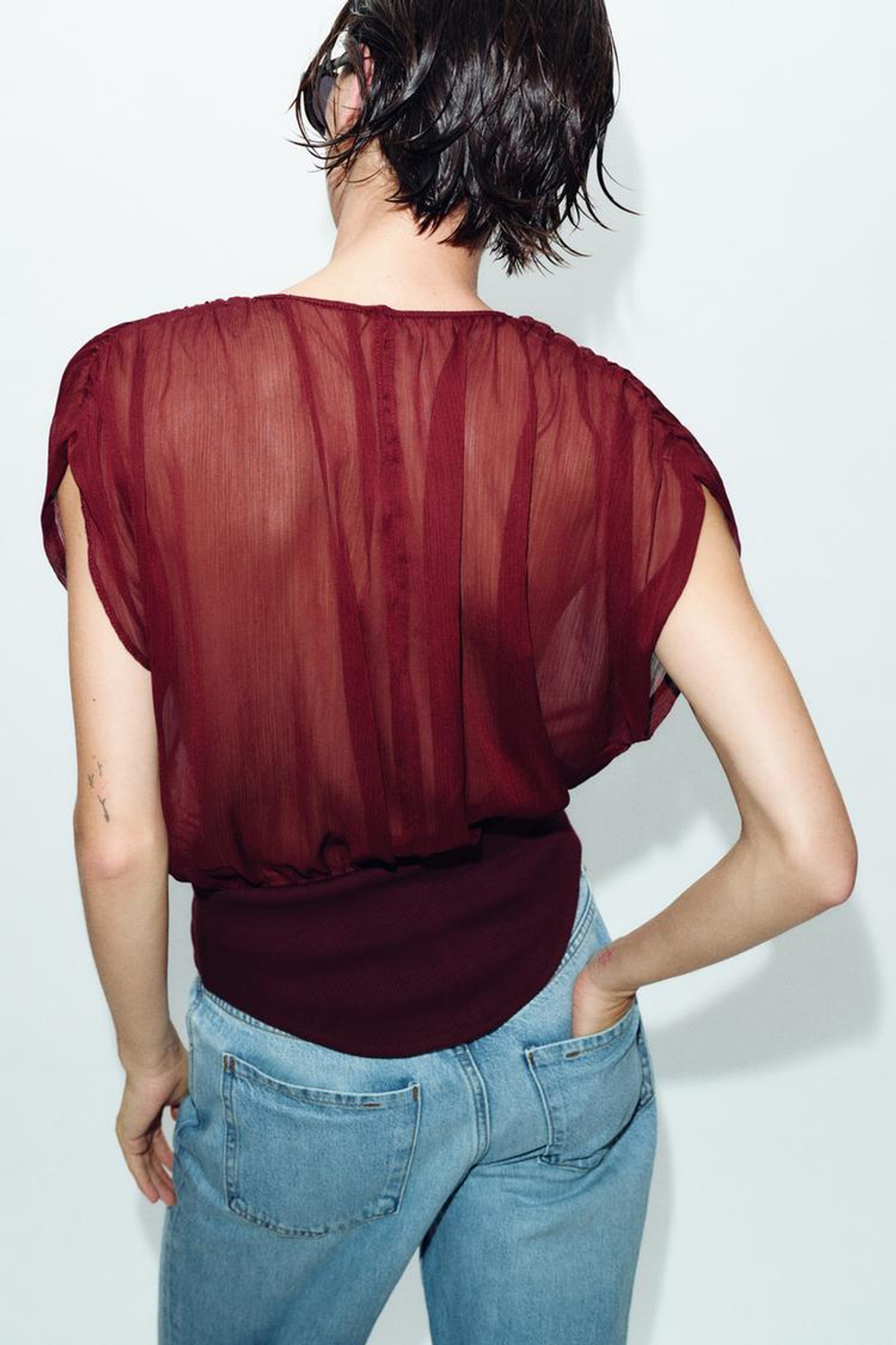 ZARA КОМБИНИРОВАННЫЙ ТОП ИЗ ЖОРЖЕТА, ШОКОЛАДНЫЙ