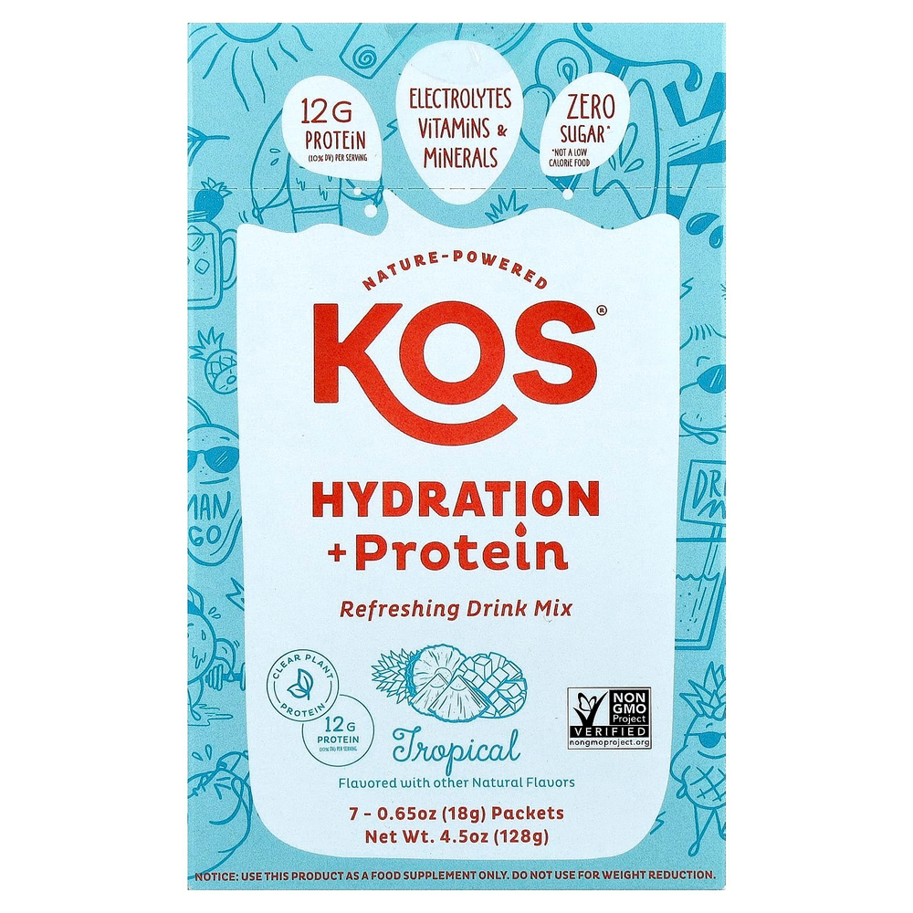 KOS, Hydration + Protein, освежающая смесь для напитков, тропические фрукты, 7 пакетиков по 18 г (0,65 унции)