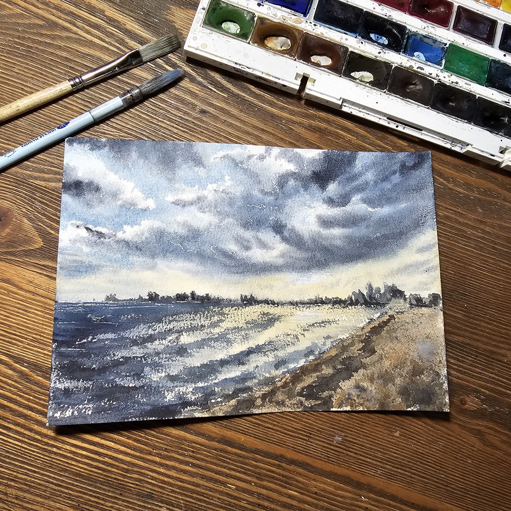 Картина акварельная авторская в паспарту 21х30 см на стену для интерьера "Город у воды"