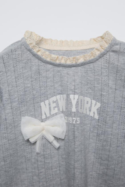 ZARA ЛОНГСЛИВ С КРУЖЕВОМ И БАНТОМ, СЕРЫЙ С МЕЛАНЖЕВЫМ ЭФФЕКТОМ