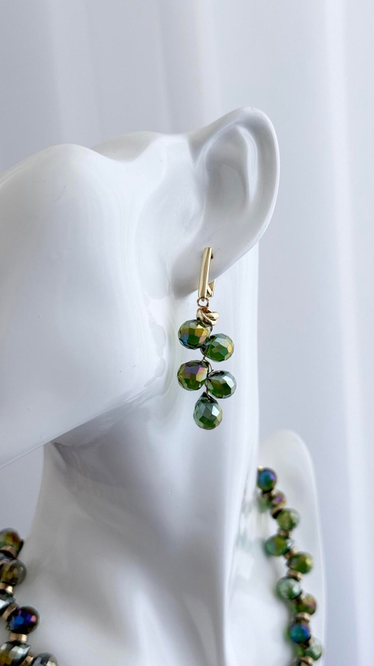 Серьги "Деора" серо-зеленый чешский хрусталь, оттенок золото