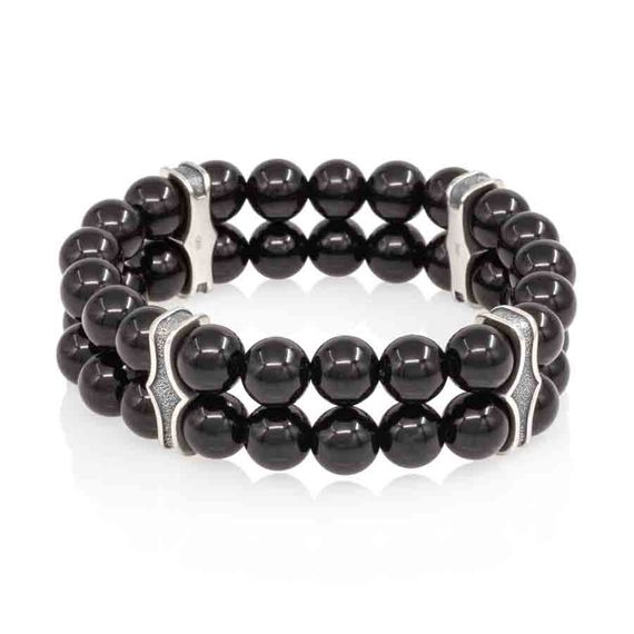 Двойной браслет из черного кварца 8 мм с шармами из мельхиора, фото 2
