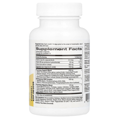 Super Nutrition, добавка для поддержки комфорта при ПМС, с кальцием, витексом, магнием и комплексом BioResponse DIM, 56 вегетарианских капсул