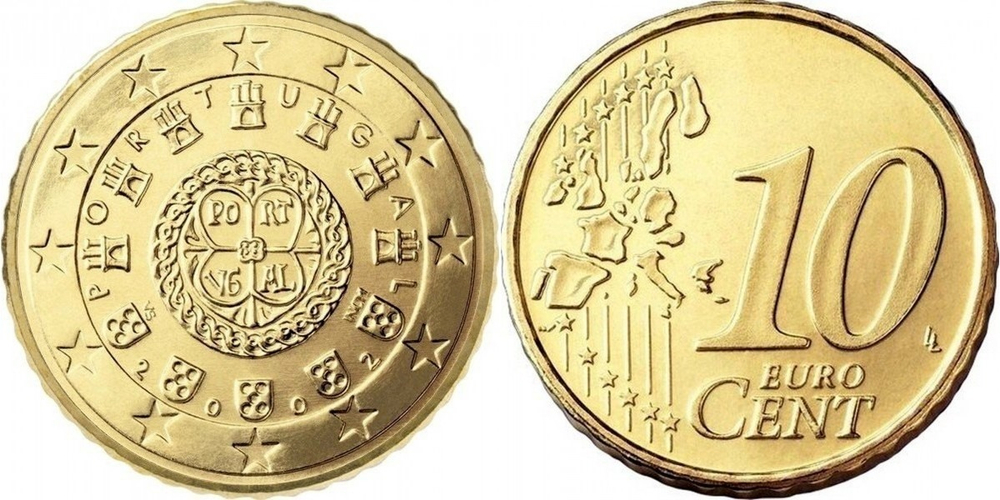 Португалия 10 евроцентов, 2002-2007 Королевская печать Афонсу I 1142 года XF