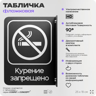 Табличка Курение запрещено флажковая на стену, двусторонняя с крепежом, 19 х 25 см, для офиса, кафе, отеля, серия COSMO, Айдентика Технолоджи