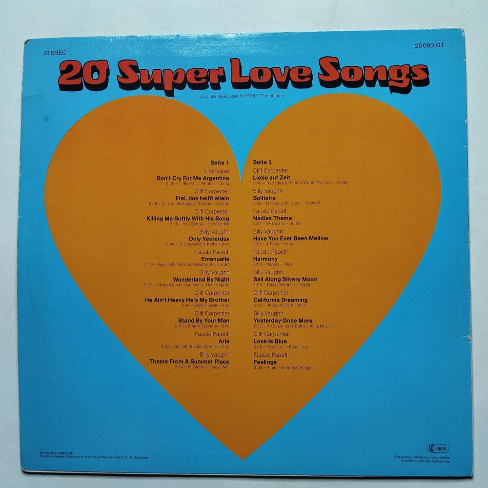 Винтажная виниловая пластинка LP Сборник 20 Super Love Songs (Germany 1974)