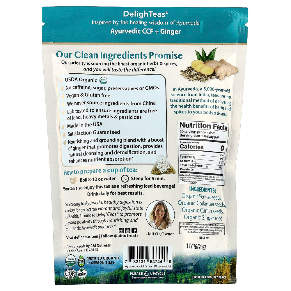 DelighTeas, Аюрведический кумин, кориандр и фенхель, травяной чай для выведения токсинов, без кофеина, 30 роскошных пакетиков-пирамидок, 120 г (4,2 унции)