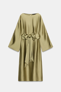 ZARA АТЛАСНОЕ ПЛАТЬЕ МИДИ — ZW COLLECTION, ОЛИВКОВЫЙ