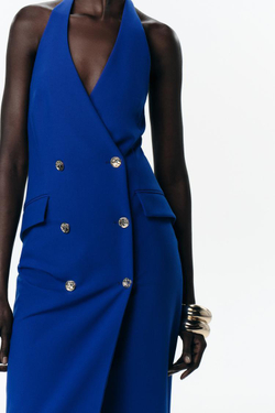 ZARA ПЛАТЬЕ МИДИ КРОЯ ТРУБА С ЗАПАХОМ, ЯРКО-СИНИЙ