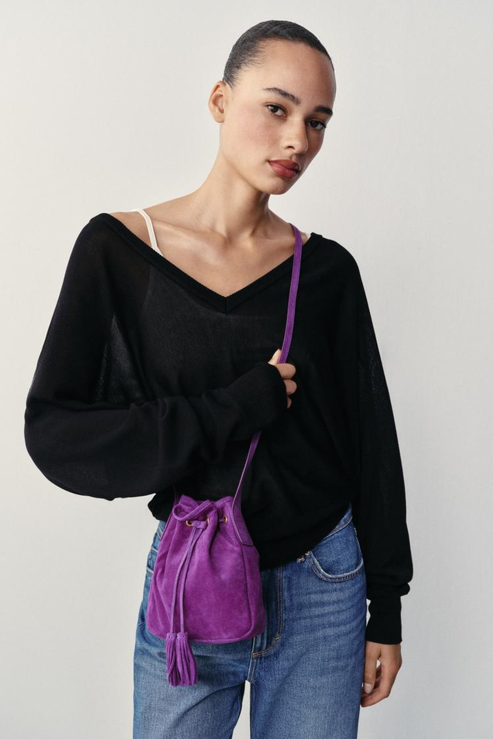 ZARA КОЖАНАЯ МИНИ-СУМКА СО СБОРКОЙ, ЛИЛОВЫЙ