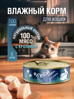 НАБОР Консервы DELISH Premium для кошек с мясом кролика - 6 шт х 100 гр