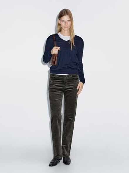 Massimo Dutti Брюки прямого кроя из вельвета в рубчик, зеленый