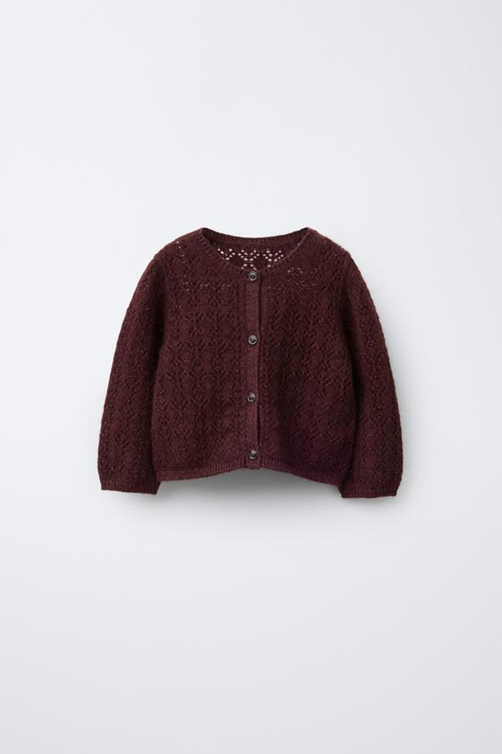 ZARA ВЯЗАНЫЙ АЖУРНЫЙ КАРДИГАН С КАШЕМИРОМ, БАКЛАЖАННЫЙ