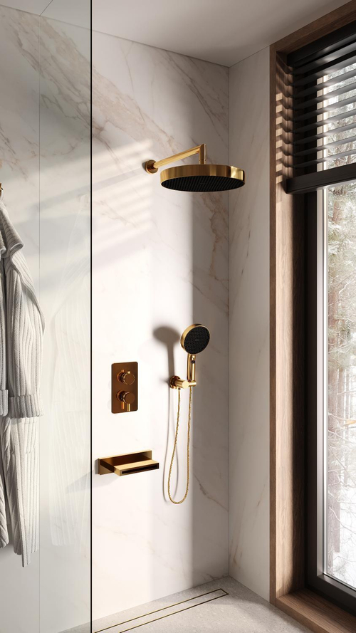 Boheme Комплект для душа CELL, лейка верхняя+ручная, излив Zodiac, встраиваемый смеситель с термостатом GOLD