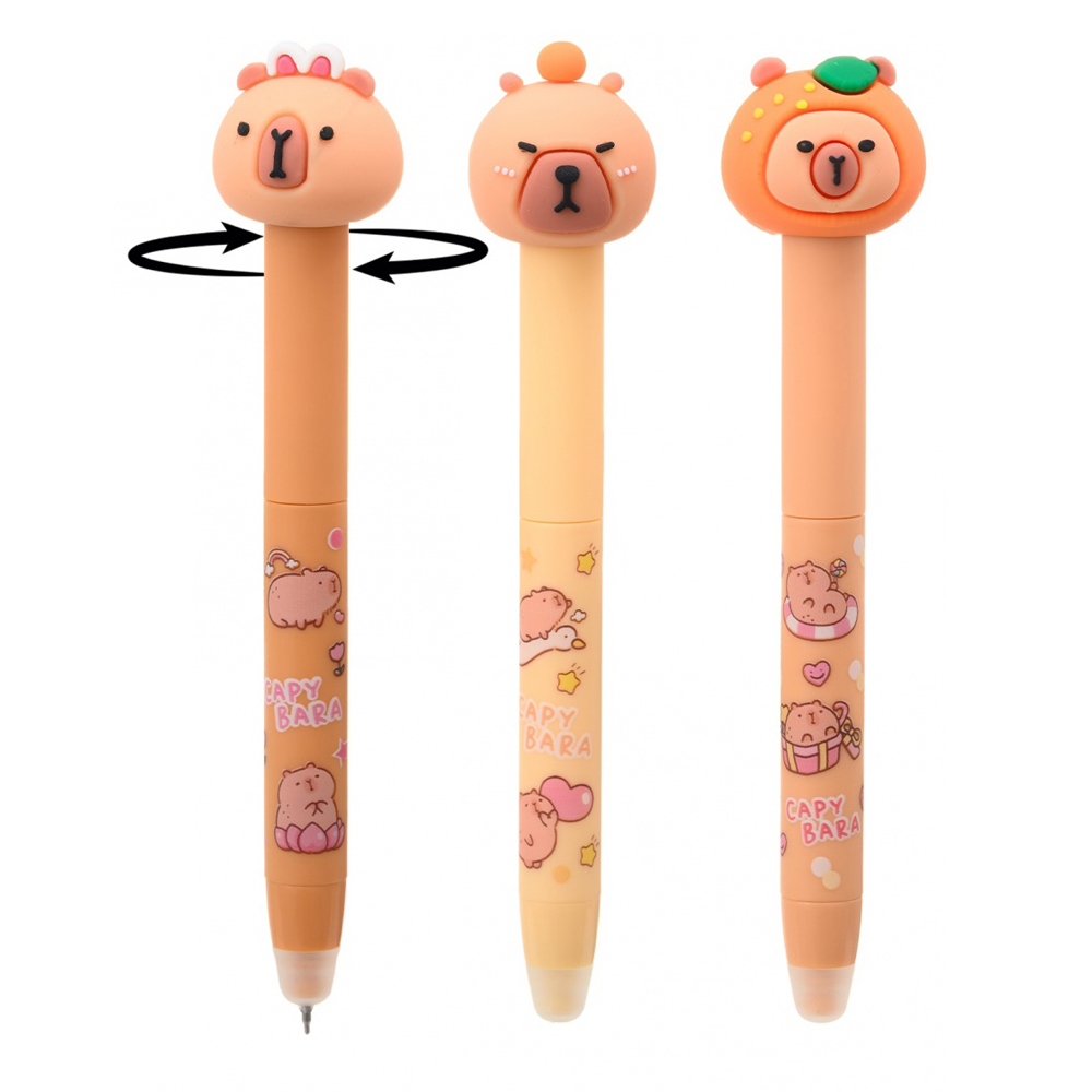 Ручка гелевая, пиши-стирай, автоматическая, Basir, синие чернила, серия "Капибара", с фигуркой на корпусе