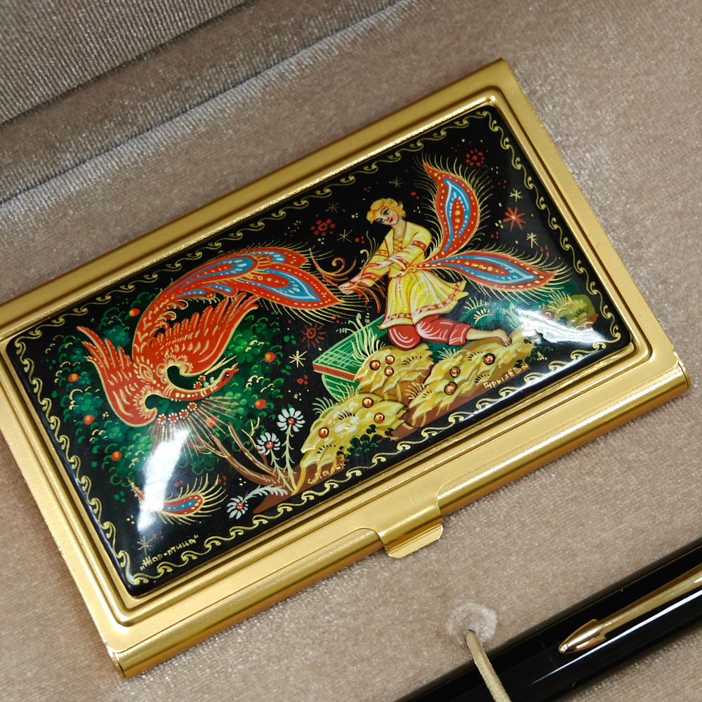 Набор подарочный "Иван и Жар-птица" №051 визитница персональная с ручной росписью и ручка Parker