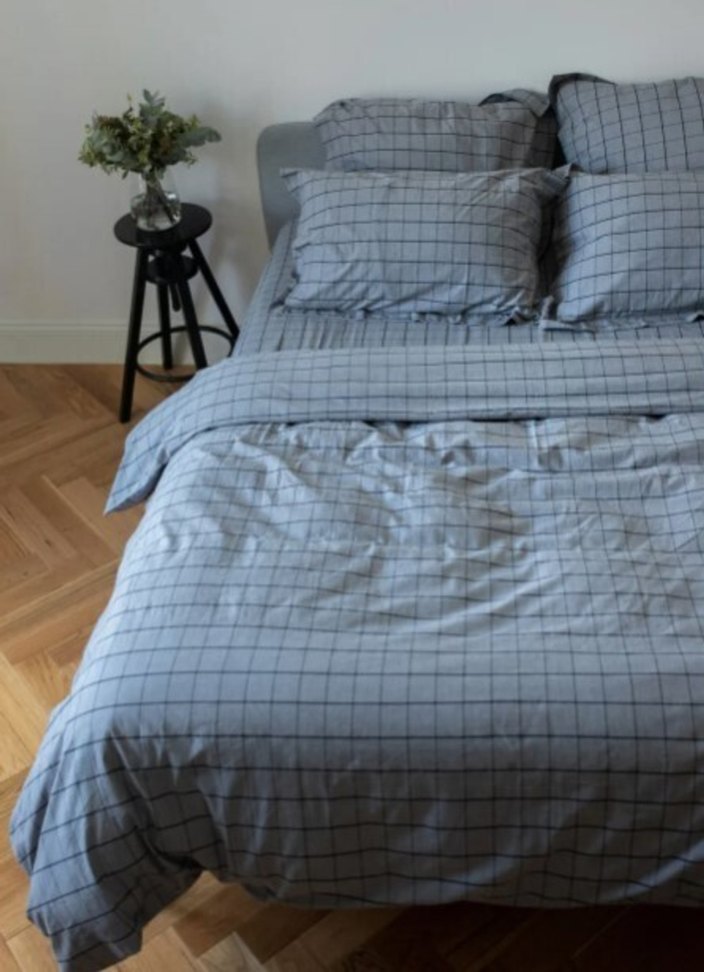 КПБ Евро с простыней на рез. 160х200 ВАРЕНЫЙ ХЛОПОК "Голубая клетка"