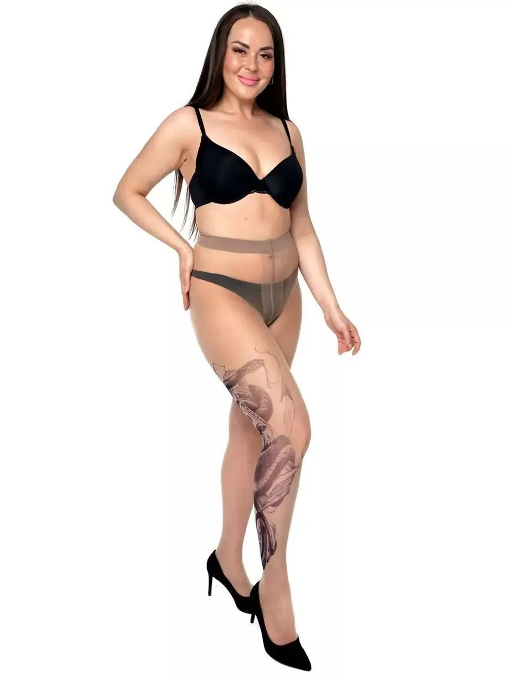 Колготки +size с имитацией тату в виде змеи (Размер: XL-XXL-XXXL) (Цвет: бежевый)