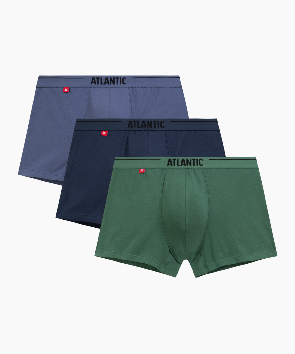 Мужские трусы шорты Atlantic, набор из 3 шт., хлопок, светлый деним + индиго + тёмно зеленые, 3MH-011