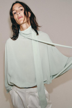 ZARA РУБАШКА С ЗАВЯЗКАМИ ZW COLLECTION, ЦВЕТ МОРСКОЙ ВОЛНЫ