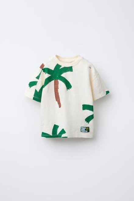 ZARA ФУТБОЛКА С ПРИНТОМ «ПАЛЬМЫ», ЭКРЮ
