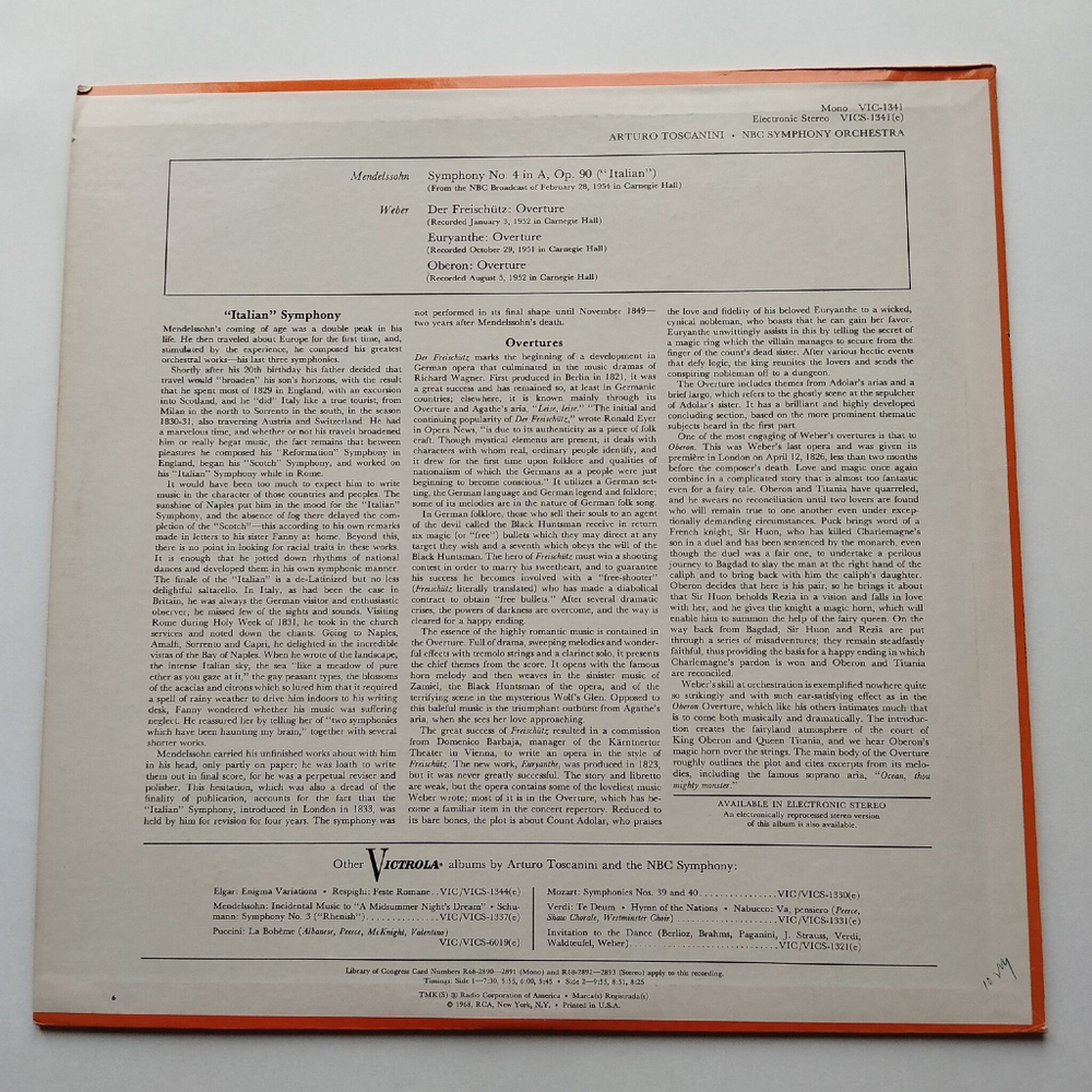 Винтажная виниловая пластинка LP Toscanini, Mendelssohn, Weber, Symphony No. 4 Italian, Weber Overtures Der Freischutz, Euryanthe, Oberon (USA 1968)