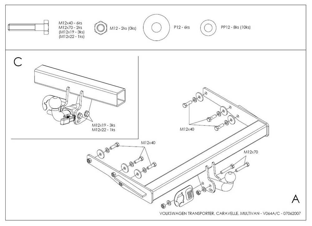 Фаркоп оцинкованный Galia V064C для Volkswagen Transporter / Caravelle / Multivan T5 2003-2015, T6 2015-(паспорт и сертификат в комплекте)(без электрики)