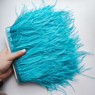 Перья страуса на ленте голубой (перьевая тесьма) 8 - 10 см.