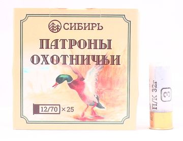Патрон "Сибирь" 12/70 №3 Б/К 32 гр. Цена за патрон, заказ делается в пачках - 25 штук.