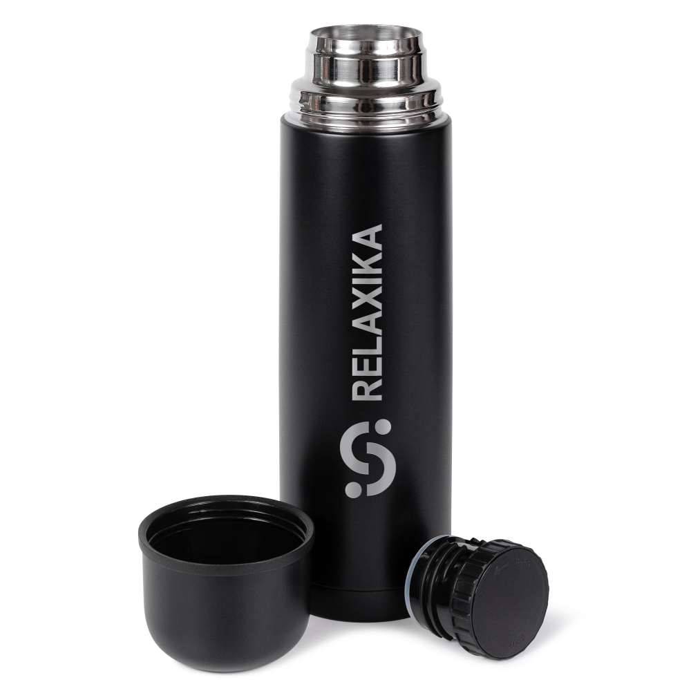 Термос Relaxika 101 (1 литр), черный (стикерпак "Красоты России")