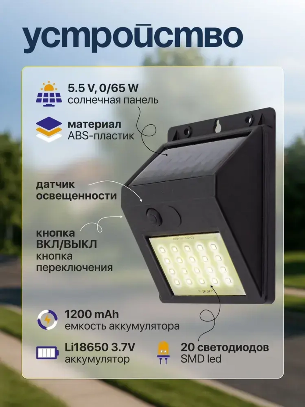 Светильник уличный светодиодный на солнечной батарее