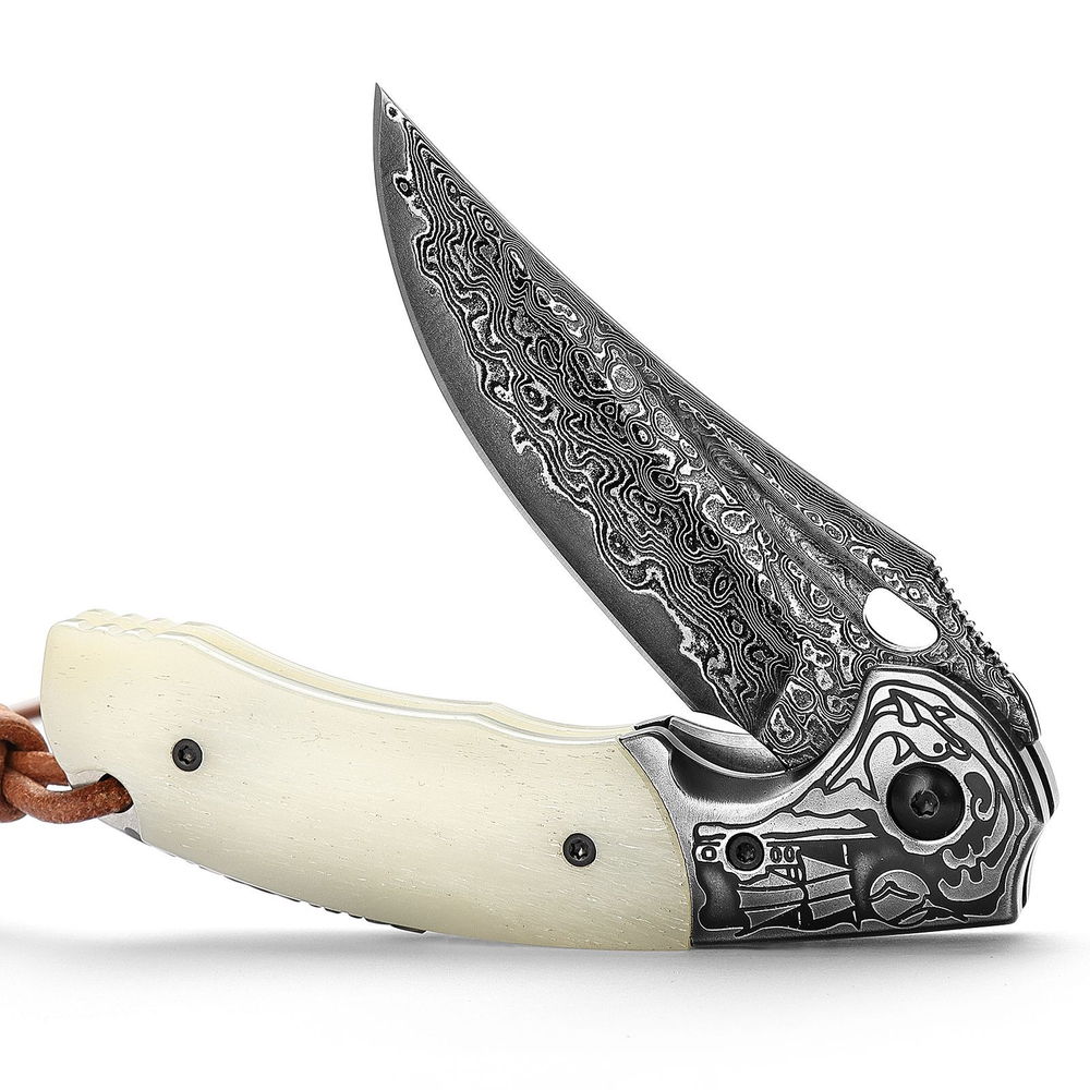 Складной туристический нож TRIVISA Puppis-02W клинок 67 Layers Damascus рукоять сталь и кость (белый)